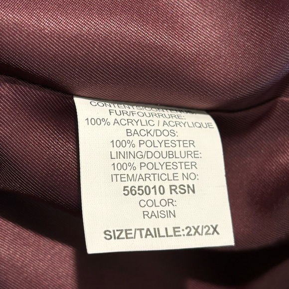 OLYMPIA Sz 2X Faux Fur Coat Lined Turned Lapel Pockets In Raisin Oversized - Picture 13 of 13